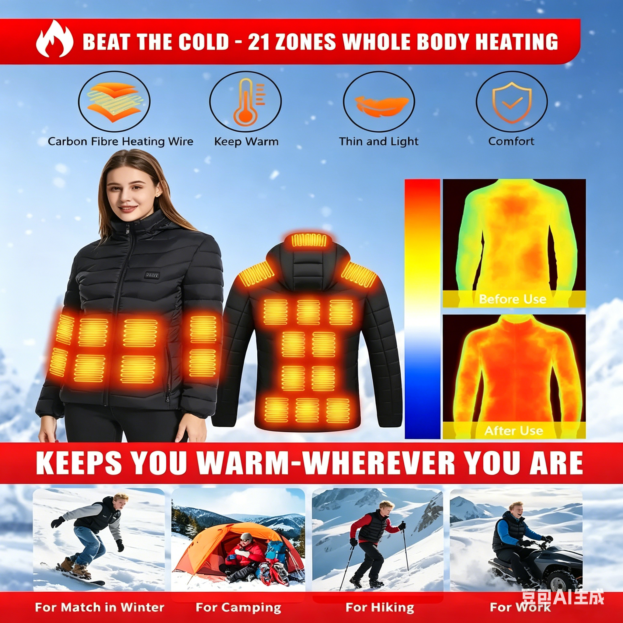 23 Areas Heating Jacket, Polye - مراجعة Outdoor Camping Zone وسعره